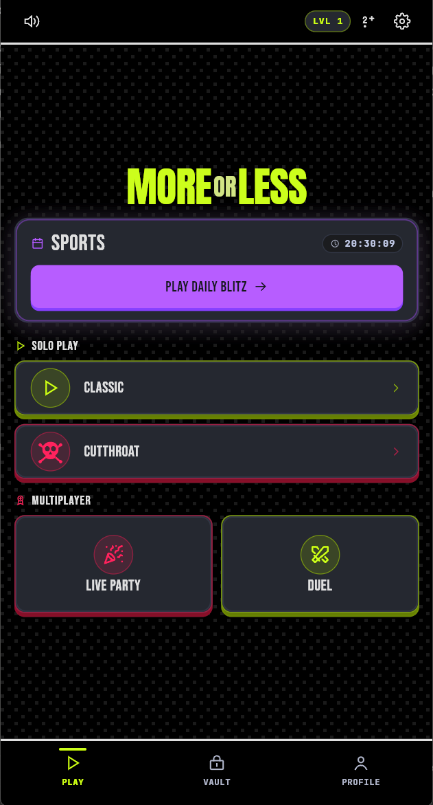 More or Less game home screen showing play modes